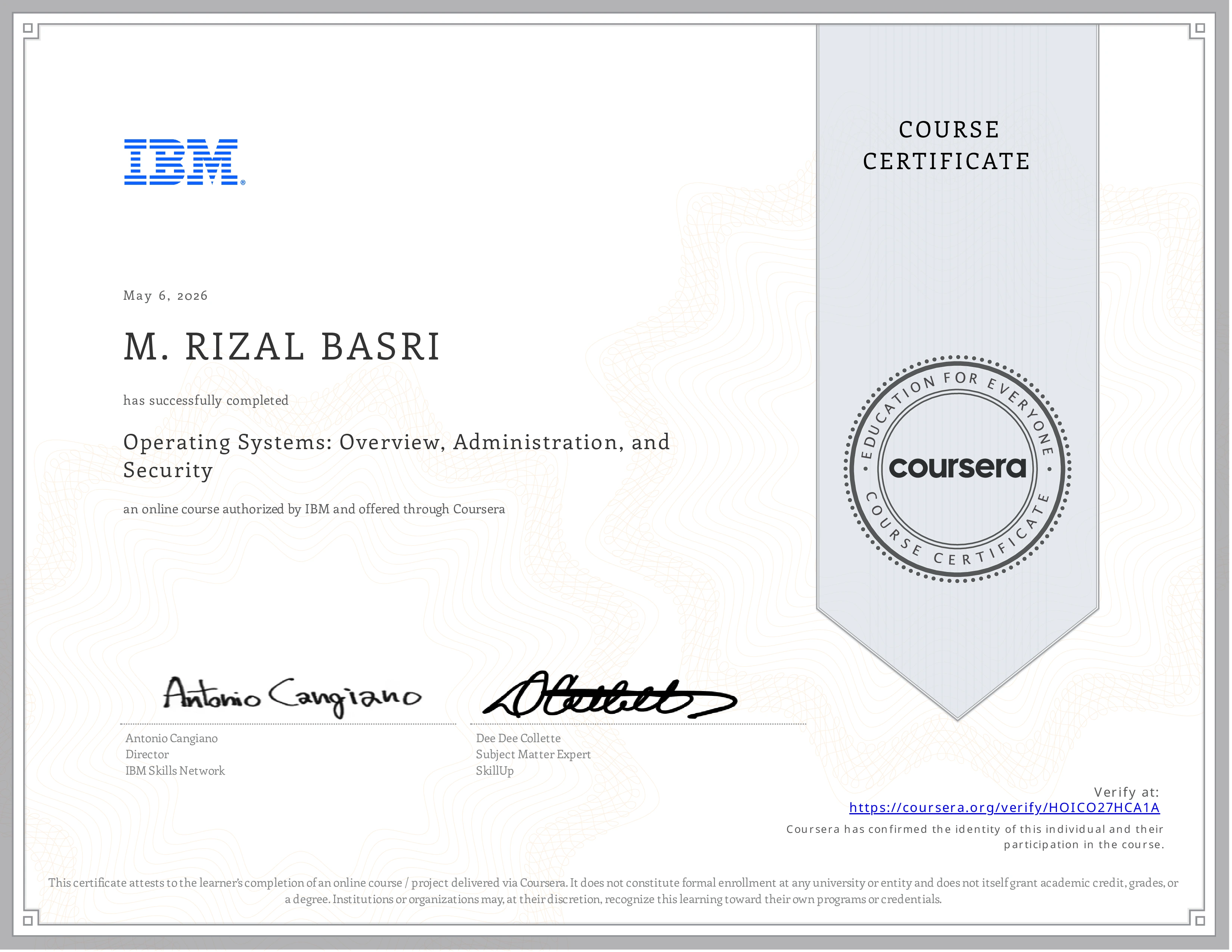 Coursera Certificate - Operating Systems: Overview, Administration, and Security