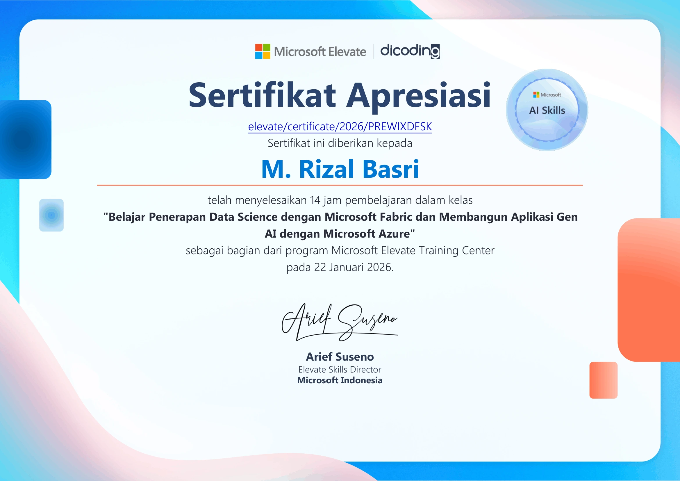 Microsoft Elevate | Dicoding Certificate - Belajar Penerapan Data Science dengan Microsoft Fabric dan Membangun Aplikasi Gen AI dengan Microsoft Azure